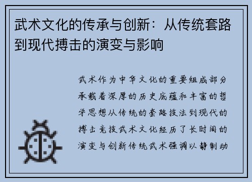 武术文化的传承与创新：从传统套路到现代搏击的演变与影响