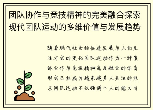 团队协作与竞技精神的完美融合探索现代团队运动的多维价值与发展趋势