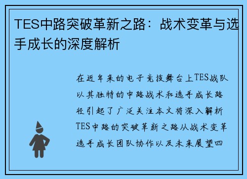 TES中路突破革新之路：战术变革与选手成长的深度解析