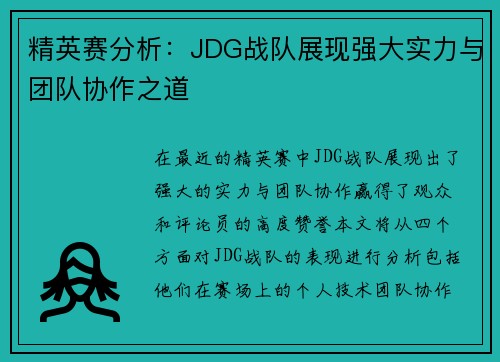 精英赛分析：JDG战队展现强大实力与团队协作之道